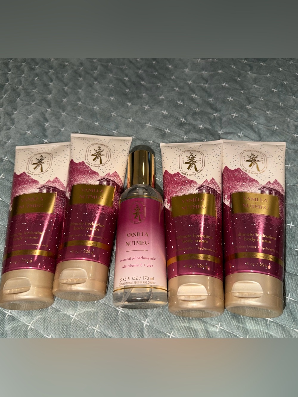 Bath & Body Works Vanilla Nutmeg Body Creams & Essential Oil Mist - Pink & Gold